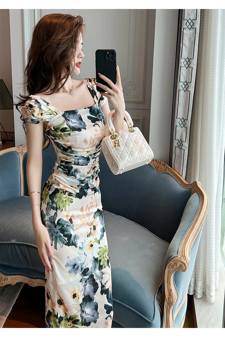 Robes décontractées de base Français doux robe romantique femmes sexy imprimé fleurs moulante sans manches plis enveloppement hanche midi robe dame fête bal robe 2024