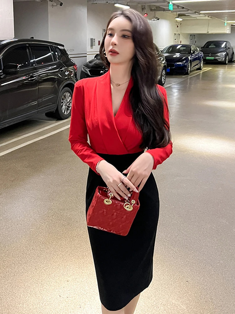 Basic Casual Women Dresses Summer Spring Elegant Midi Dresses for Women Office Lady Profession Dress Red Black Panelled Slim Vestido Business Robe Female 2024