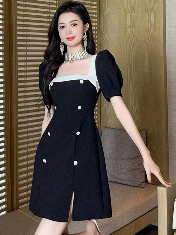 Basic Casual Women Dresses Summer Elegant Sweet Fashion Black Dresses French Bubble Sleeve Double Breasted Split Short Gown Female Party Street Vestidos 2024