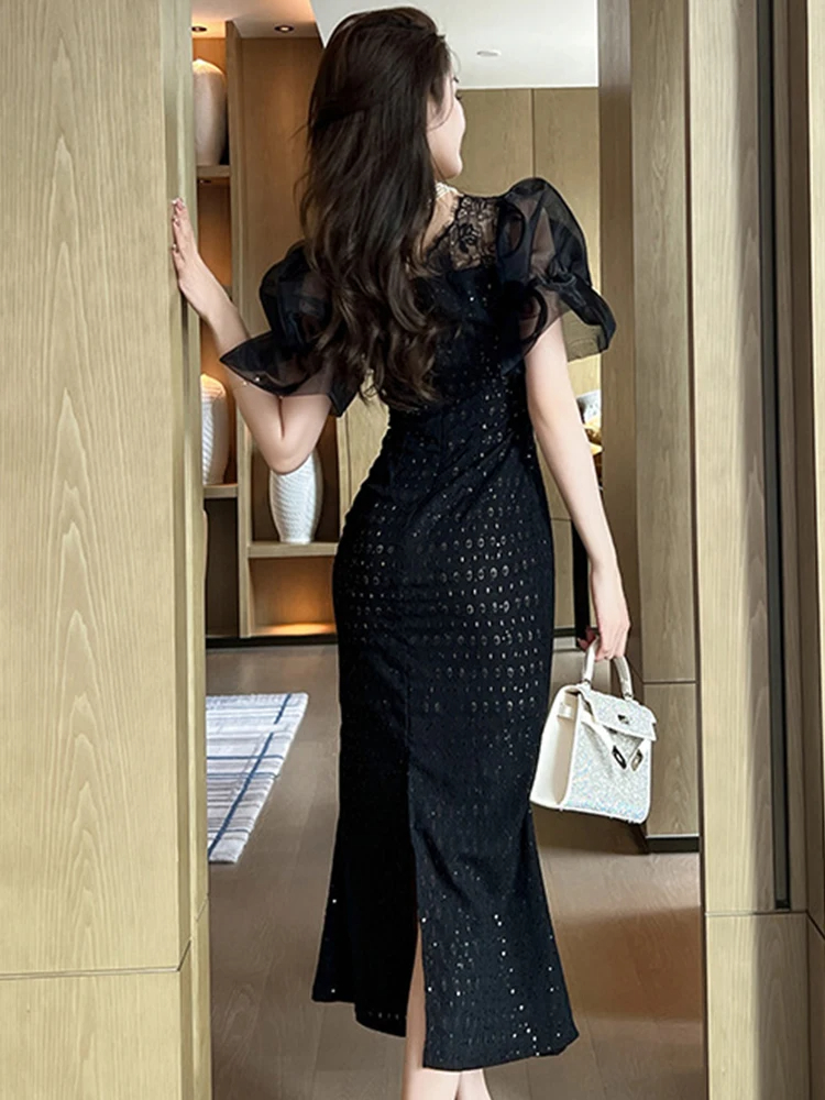 Basic Casual Women Dresses Summer New in Dresses Women Elegant Noble Black Dress Sheer Puff Sleeves Split Fishtail Robe Femme Prom Party Vestido Mujer 2024