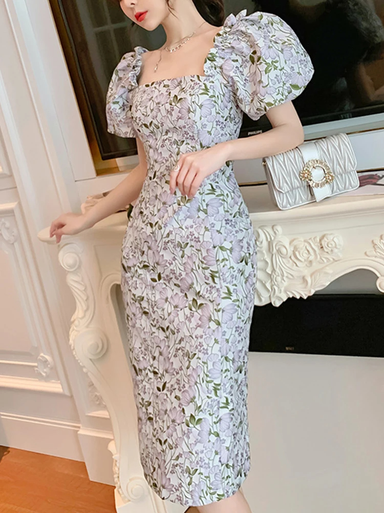 Basic Casual Women Dresses Summer Women Celebrity Elegant Midi Dress Jacquard Backless Strapless Puff Sleeve Slit Robe Party Princess Birthday Vestido 2024