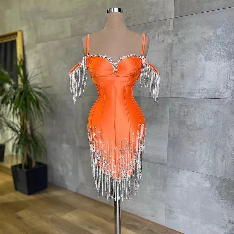 Orange Mermaid Short Prom Dresses HomeComing Luxury Crystals Tassel Mini Cocktail Dress for Black Girls Treguation Birthday Party.