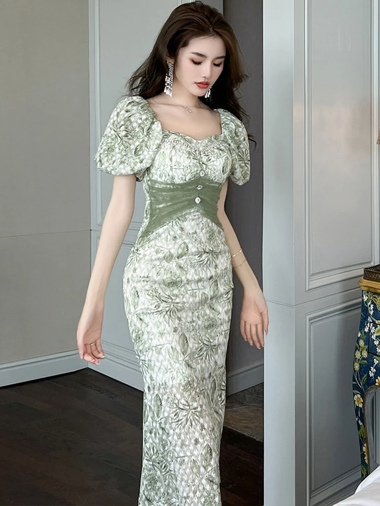 Basic Casual Dresses French Sweet Green Midi Dresses for Women Bubble Sleeve Tull Gauze Embroidery Exquisite Lace Robe Femme Party Banquet Vestidos 2024