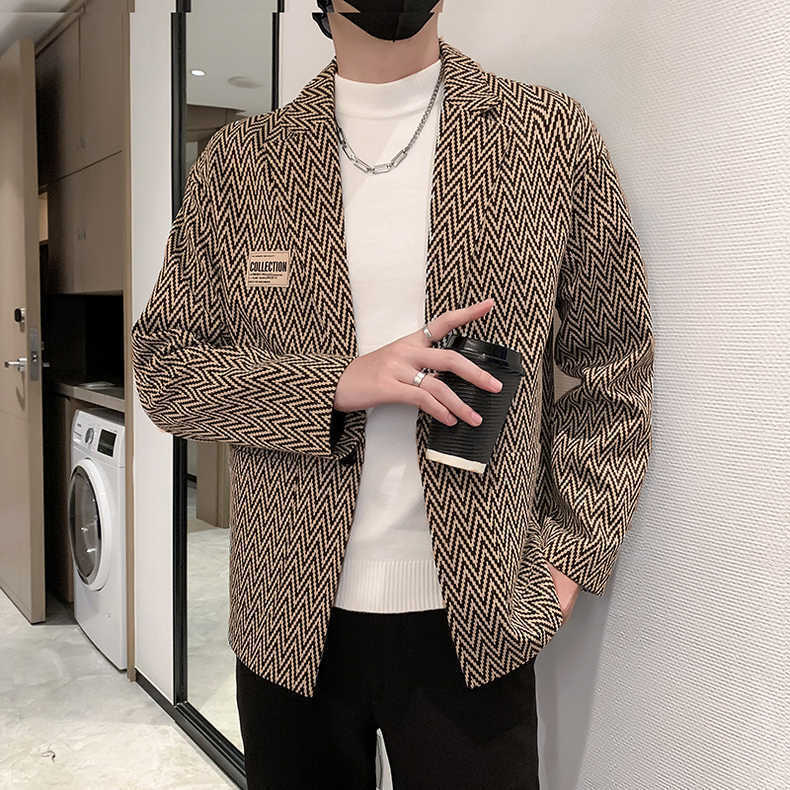 Checks and Plaids Coats Men's autumn winter coat suit collar sheep wool medium length double-sided windbreaker coat cut mark