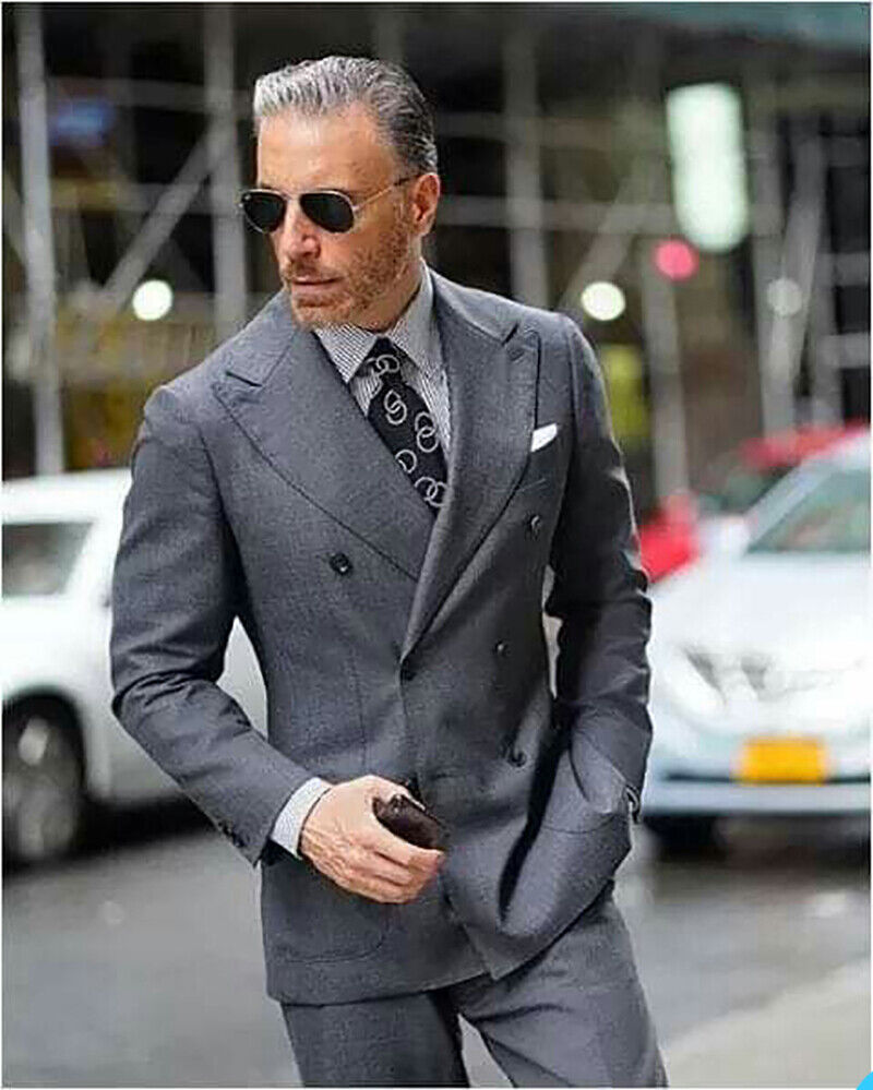 Dark Grey Men Business Suit Blazer Pants Double Breasted Formal Workwear Wedding Groom Tuxedo Slim Fit Jacket