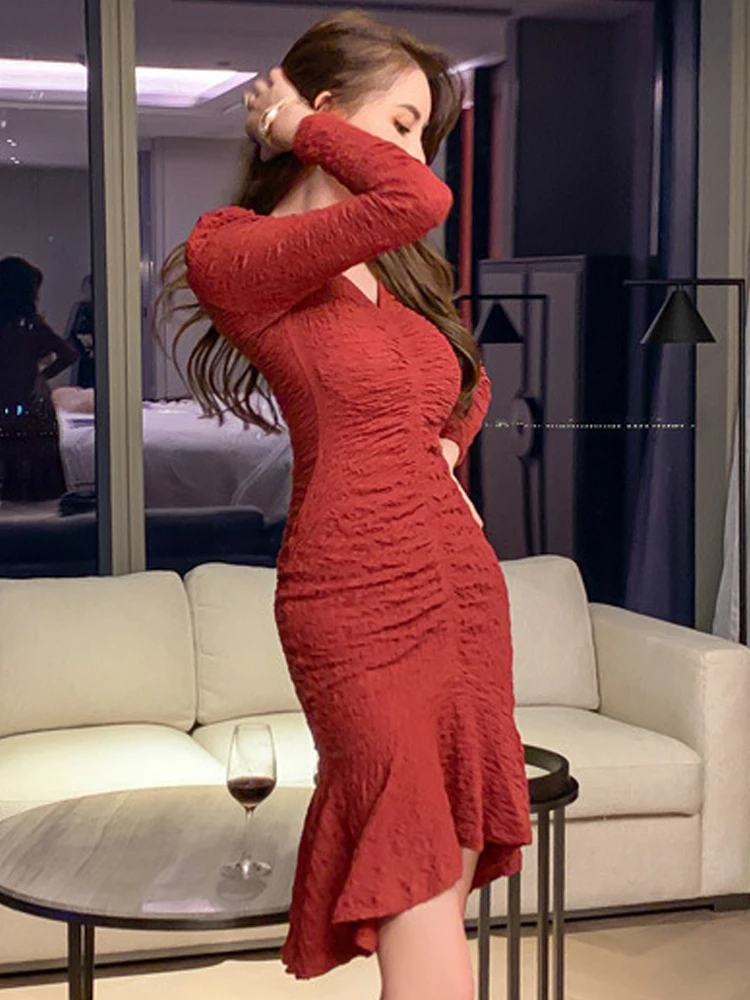 Basic Casual Women Dresses Summer Sexy Elegant Women Midi Dress Red Long Sleeve Ruffles Mermaid Lady Clothes Evening Party Robe Femme Folds Bodycon Vestidos 2024