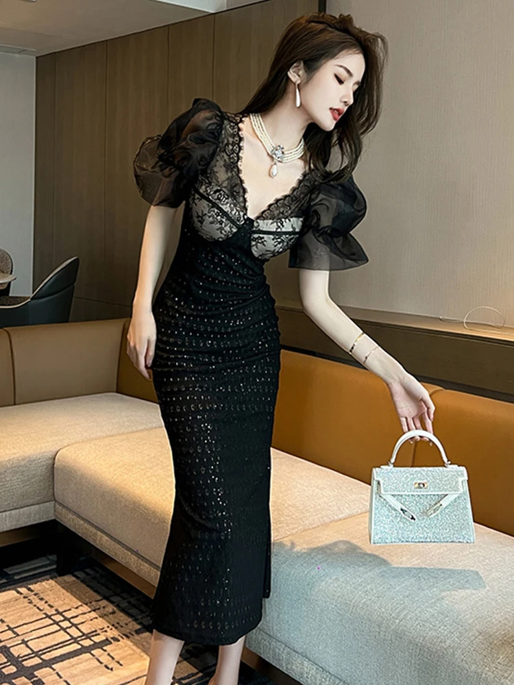 Basic Casual Women Dresses Summer New in Dresses Women Elegant Noble Black Dress Sheer Puff Sleeves Split Fishtail Robe Femme Prom Party Vestido Mujer 2024