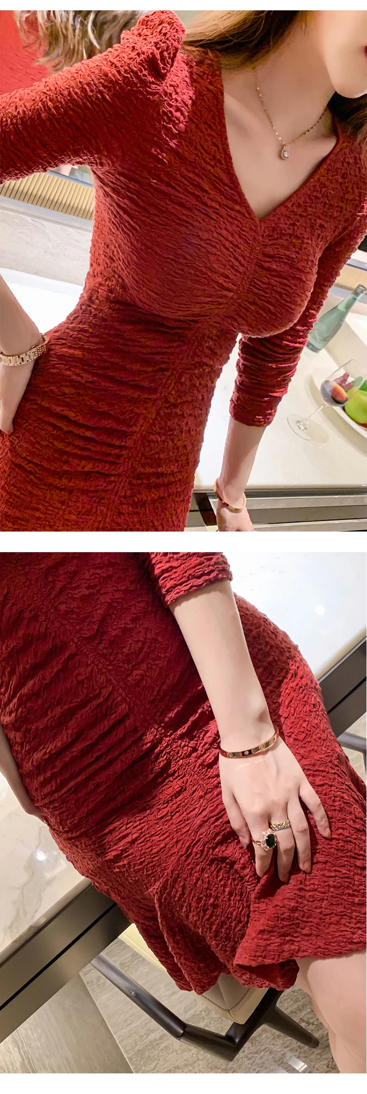 Basic Casual Women Dresses Summer Sexy Elegant Women Midi Dress Red Long Sleeve Ruffles Mermaid Lady Clothes Evening Party Robe Femme Folds Bodycon Vestidos 2024