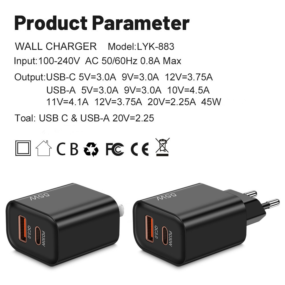 USB PD充電器55Wデュアルポートクイックチャージ3.0電話充電アダプター用15 14 13 Xiaomi Samsung Type C Fast Wall充電器