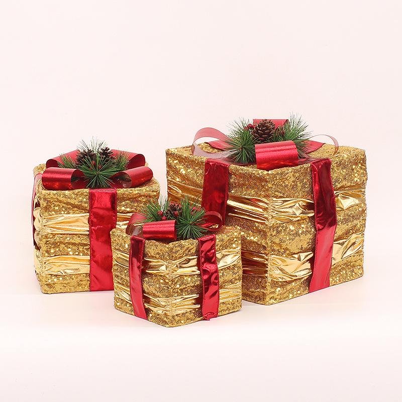 Decorações de natal caixa de presente tecido lantejoulas caixa de presente de natal três peças empilhamento item cena festiva decoração fornecimento