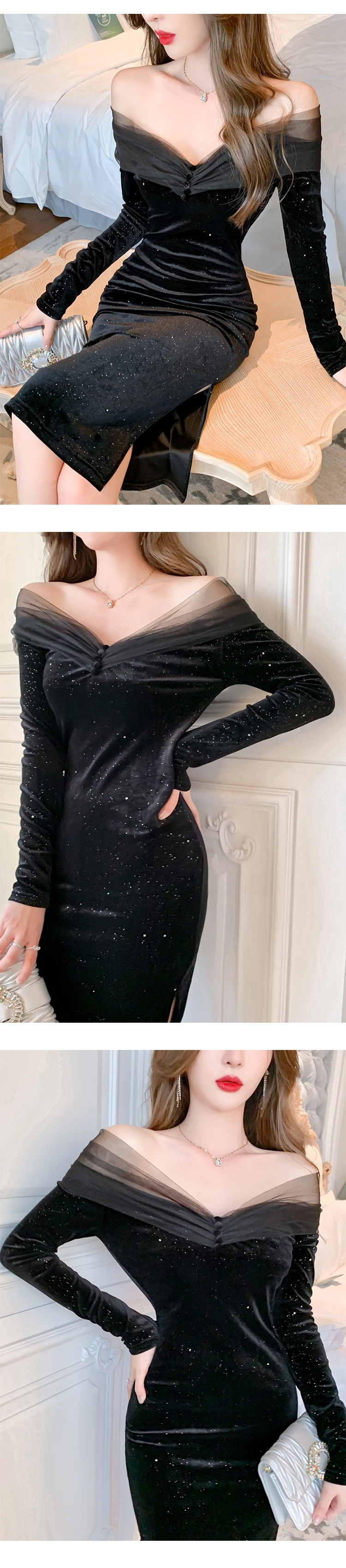 Basic Casual Women Dresses New Vintage Elegant Women Dress Black Sequins Velvet Slash Neck Off Shoulder Female Clothes Split Bodycon Banquet Evening Dress 2024