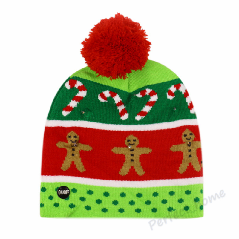 Gorro tejido con bola para el calor del invierno, muñeco de nieve, alce, árbol de Navidad, luces LED de colores, gorro decorativo, gorro de fiesta de Ocean-shipping P114