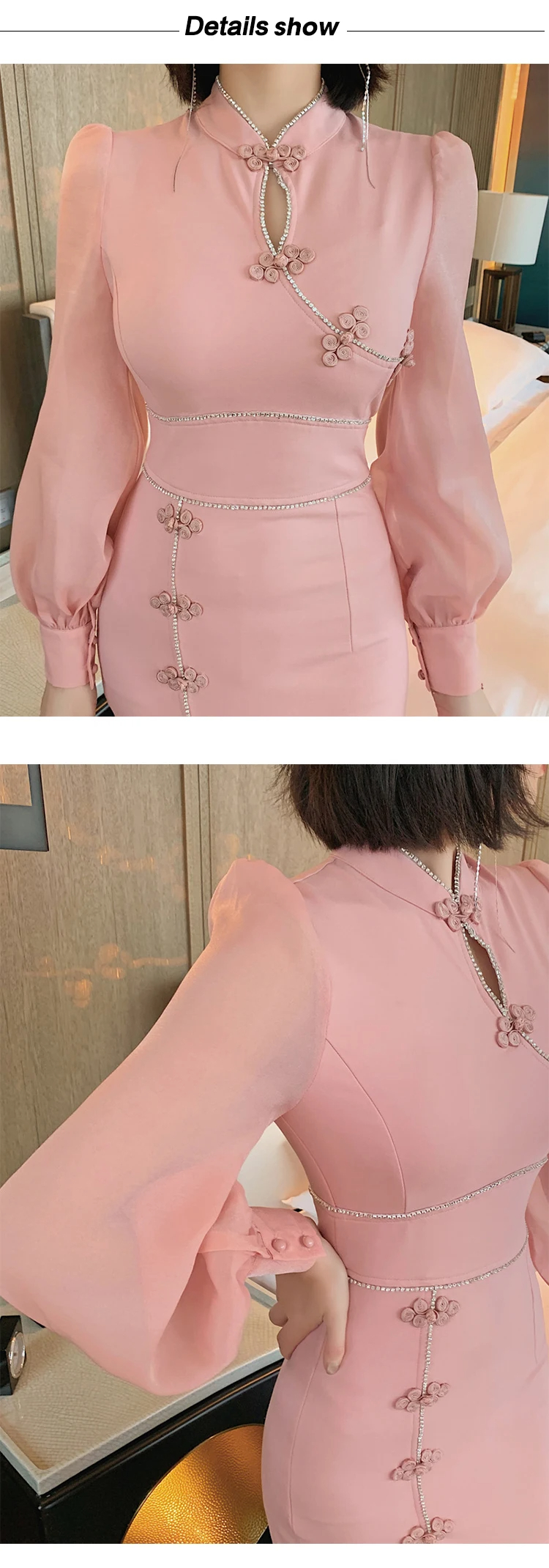 Basic Casual Women Dresses Spring Elegant Improved Qipao Sweet Dress Women Pink Disc Buckle Hollow Long Sleeve Slit Slim Robe Party Banquet Vestidos 2024