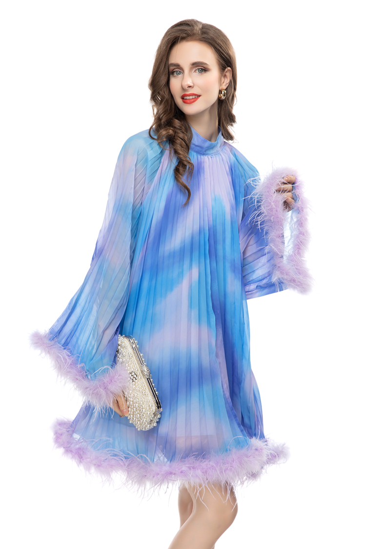 Women's Runway Dresses Stand Collar Long Sleeves Feathers Pleated Printed Loose Style Fashion Short Casual Vestidos