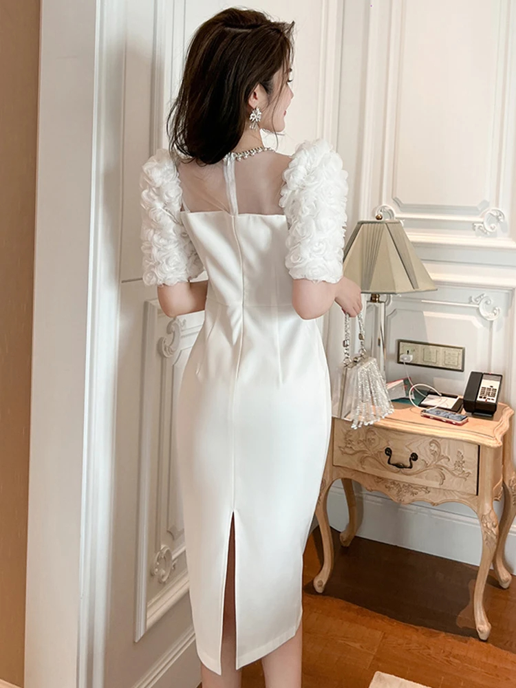 Basic Casual Women Dresses Summer New Formal Dress Sweet Celebrity Beaded White Long Dress Sheer Mesh Flowers Split Slim Robe Femme Prom Party Vestido 2024