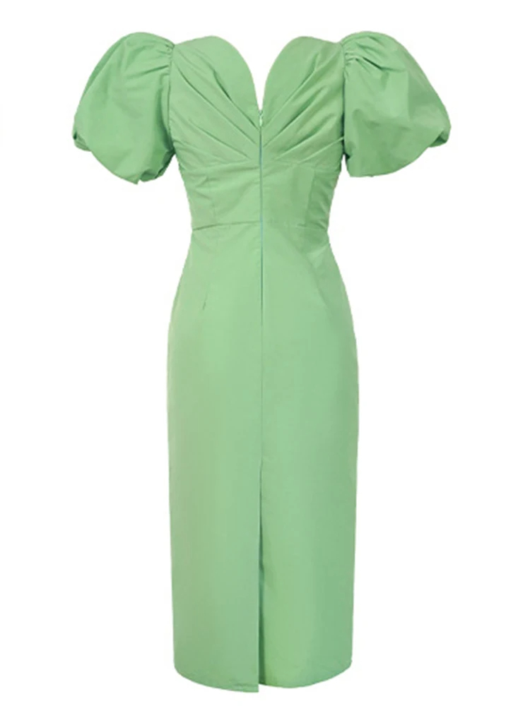 Basic Casual Women Dresses Summer Commuter Style Professional Midi Dress Women Bright Green Bubble Sleeves Bodyocn Slit Robe Femme Party Work Vestidos 2024