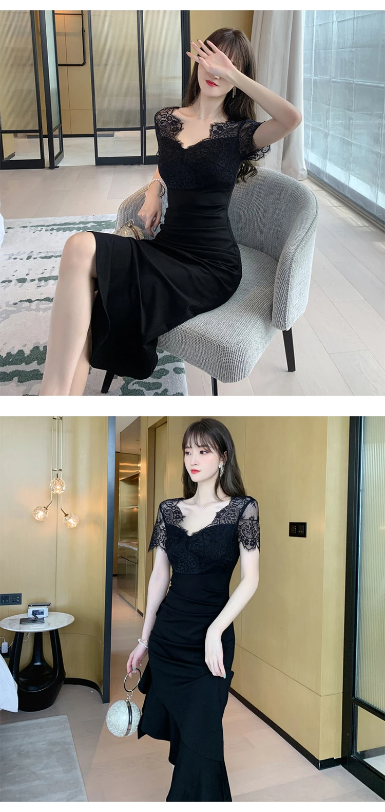 Basic Casual Women Dresses Summer Elegant Sexy Dress Women Black Sheer See Through Lace Short Sleeve Backless Asymmetrical Ruffles Midi Robe Party Vestidos 2024