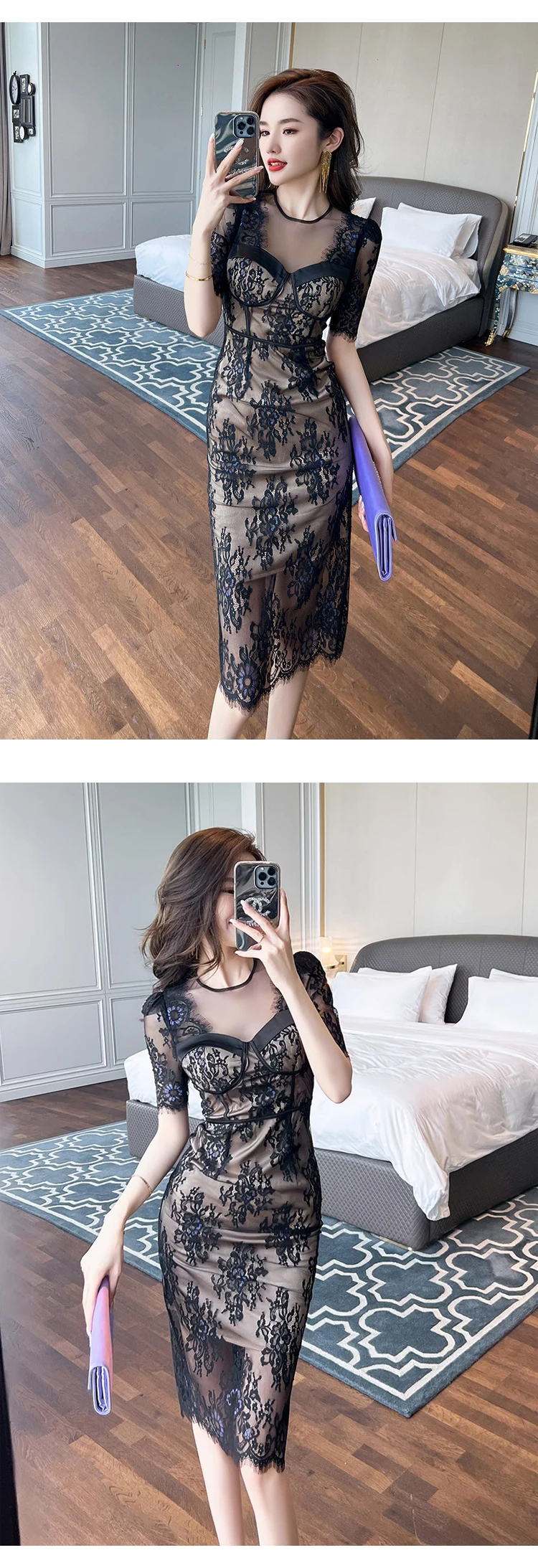 Basic Casual Women Dresses French Sexy Lace Dress for Women Sheer Black Hook Flower Wrapped Chest Slim Fit Midi Robe Femme Evening Party Banquet Vestidos 2024