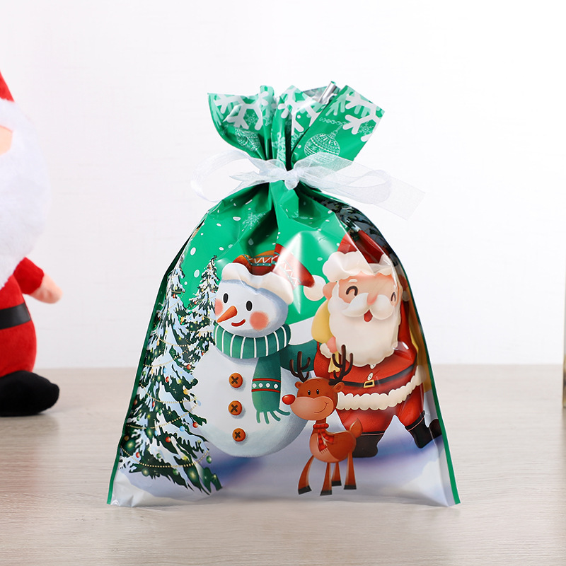 Christmas Gift Bags Santa Claus Wrapping Bags Merry Decorations for New Year Packaging Pouches Plastic Rope Wrap Pouch X-mas Festival Candy Sugar Snack Storage