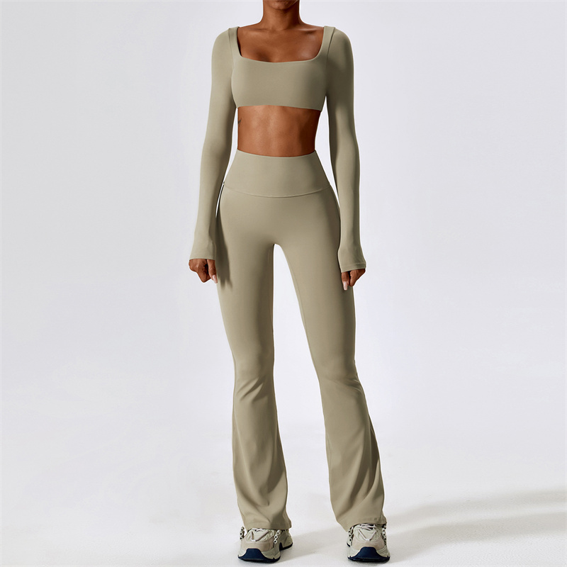 LL-8232 Womens Yoga Outfit Yoga Sets Long Sleeve Shirts Pants Bell-bottom Trousers Excerise Sport Gym Running Long Pant Elastic High Waist Sportwear