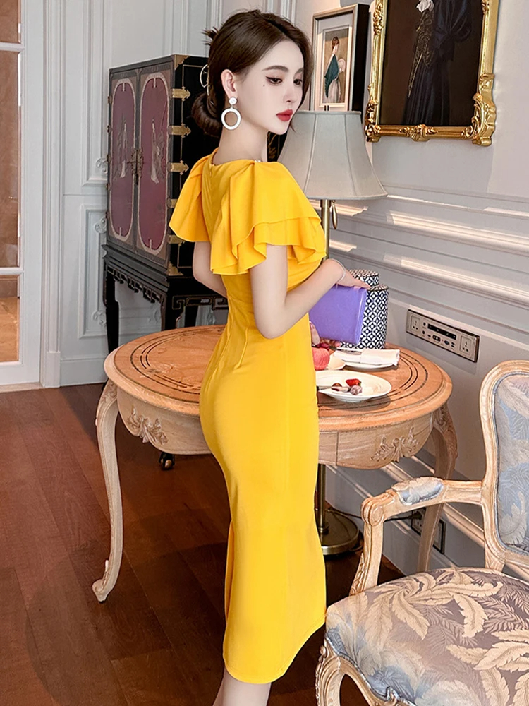 Basic Casual Women Dresses Sweet Elegant Mdi Dresses for Woman Yellow Blue Solid Pearl Ruffles Split Bodycon Robe Femme Office Lady Street Vestidos 2024