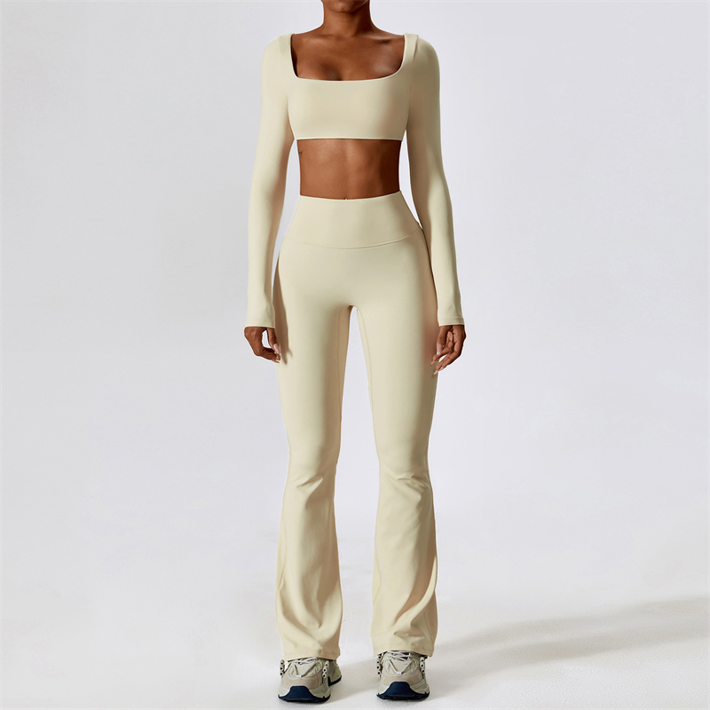 LL-8232 Womens Yoga Outfit Yoga Sets Long Sleeve Shirts Pants Bell-bottom Trousers Excerise Sport Gym Running Long Pant Elastic High Waist Sportwear