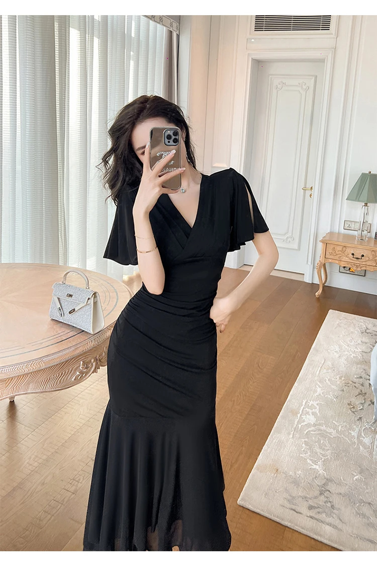 Basic Casual Women Dresses Casual Elegant Black Dress for Woman Short Sleeve High Waist Asymmetric Ruffles Robe Femme Holiday Beach Sundress Vestidos 2024