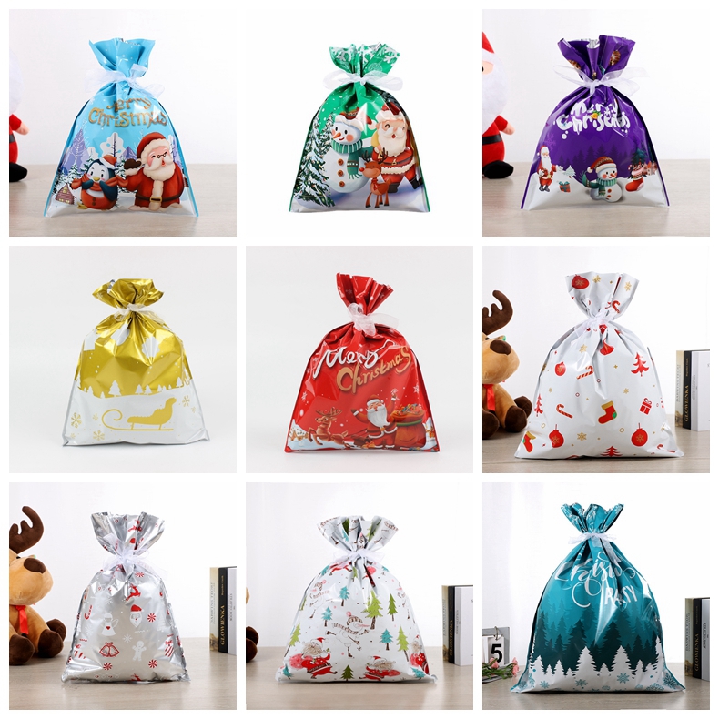 Christmas Gift Bags Santa Claus Wrapping Bags Merry Decorations for New Year Packaging Pouches Plastic Rope Wrap Pouch X-mas Festival Candy Sugar Snack Storage