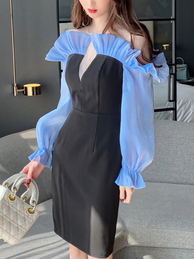 Basic Casual Women Dresses Spring Evening Dress Women Sweet Chic Trendy Girly Ruffles Off Shoulder Long Sleeve Split Sexy Dress Birthday Party Vestido 2024