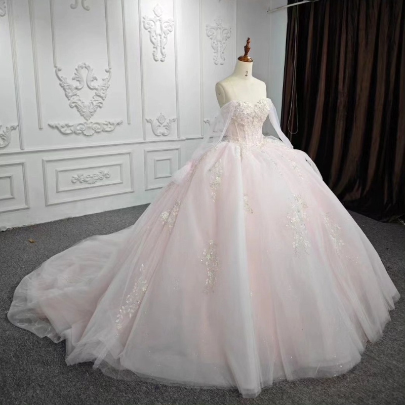 Pink Shiny Sweetheart Quinceanera Dresses Sweet 16 Gowns Off Shoulder Applique Lace Beads Tull Vestidos De 15 Anos Ball Gown