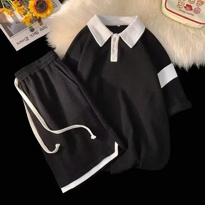 Мужские спортивные костюмы, вафельная рубашка-поло, спортивный комплект, мужские летние шорты с короткими рукавами в тяжелом весе, модный тренд, комплект из двух предметов 231021