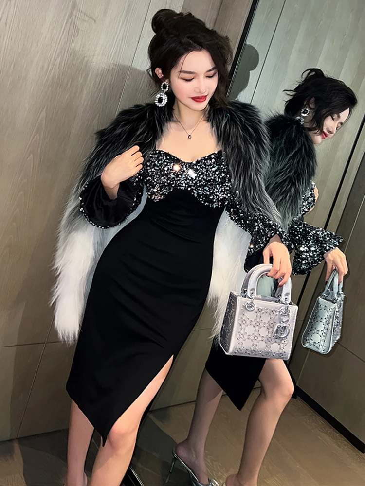 Basic Casual Women Dresses Spring Midi Dresses for Women Retro Elegant Shinny Long Sequins Black Dress Bodycon Slit Robe Birthday Party Femme Vestido 2024