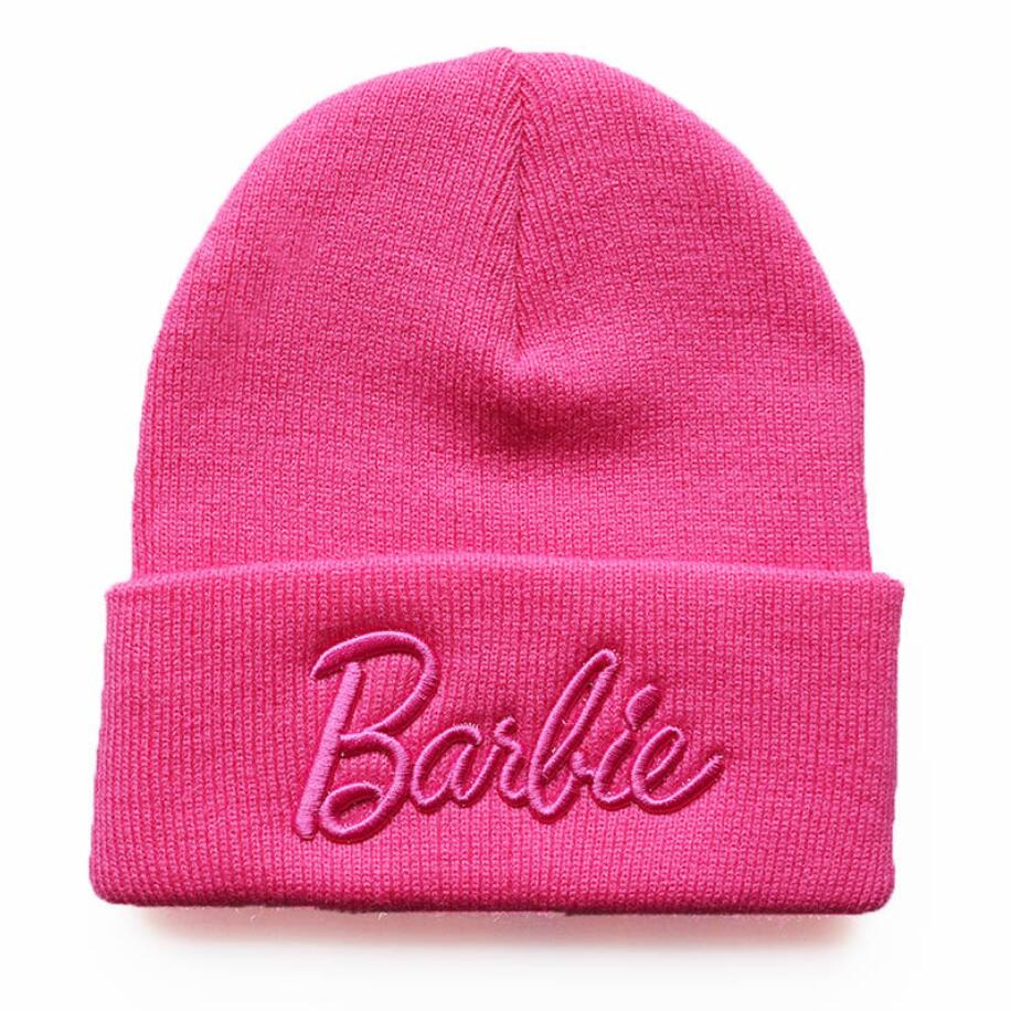 Cute Barbie Pink Knitted Cap Three-dimensional Embroidery Wool Cap Soft Warm Elastic Leisure Hats Halloween Cosplay Adults Gifts