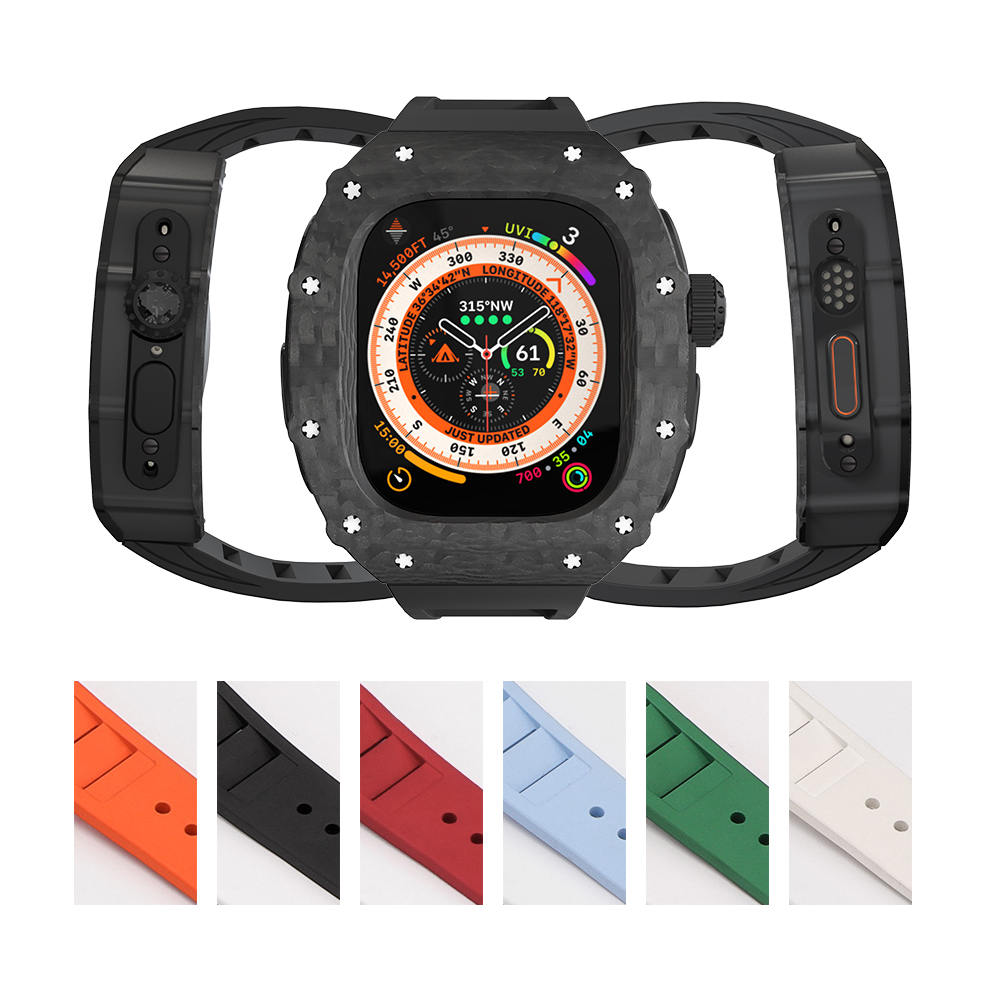 AP Mod Kit Funda de fibra de carbono genuina para Apple Watch Ultra 2/Ultra hebilla de mariposa Correa de goma fluorada 49 mm