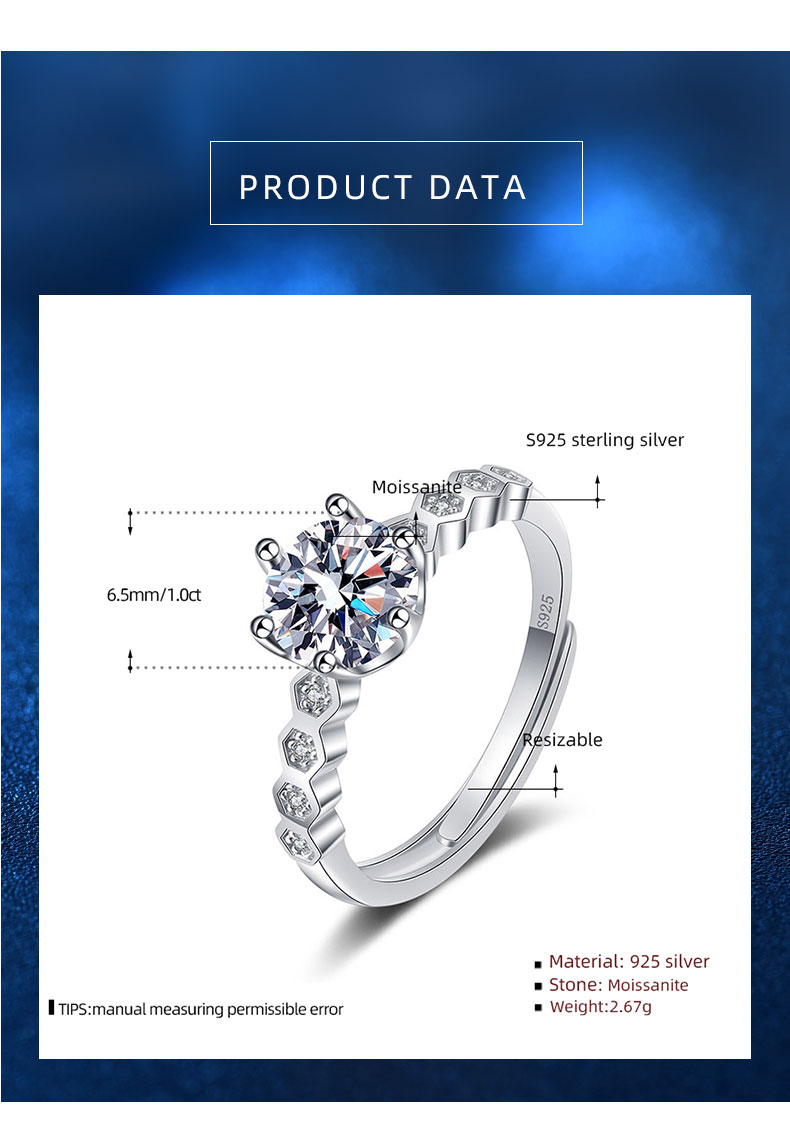 925 Sterling Srebrny Pierścień Regulowany 18 -KLAT ZŁOTE LAB Utworzone Symulowane Wedding Proable Shiny 1.0CT de VVS Moissanite Pierścienie dla dziewcząt