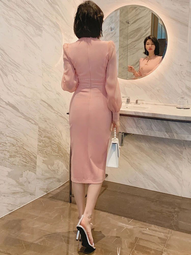 Basic Casual Women Dresses Spring Elegant Improved Qipao Sweet Dress Women Pink Disc Buckle Hollow Long Sleeve Slit Slim Robe Party Banquet Vestidos 2024