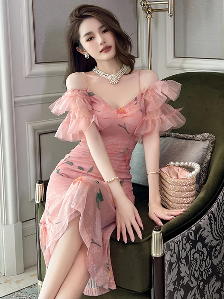 기본 캐주얼 여성 드레스 여름 우아한 간단한 드레스 여자 레드 핑크 짧은 슬리브 백리스 폴드 스플릿 미디 로트 사무실 파티 멍청이 휴일 2024