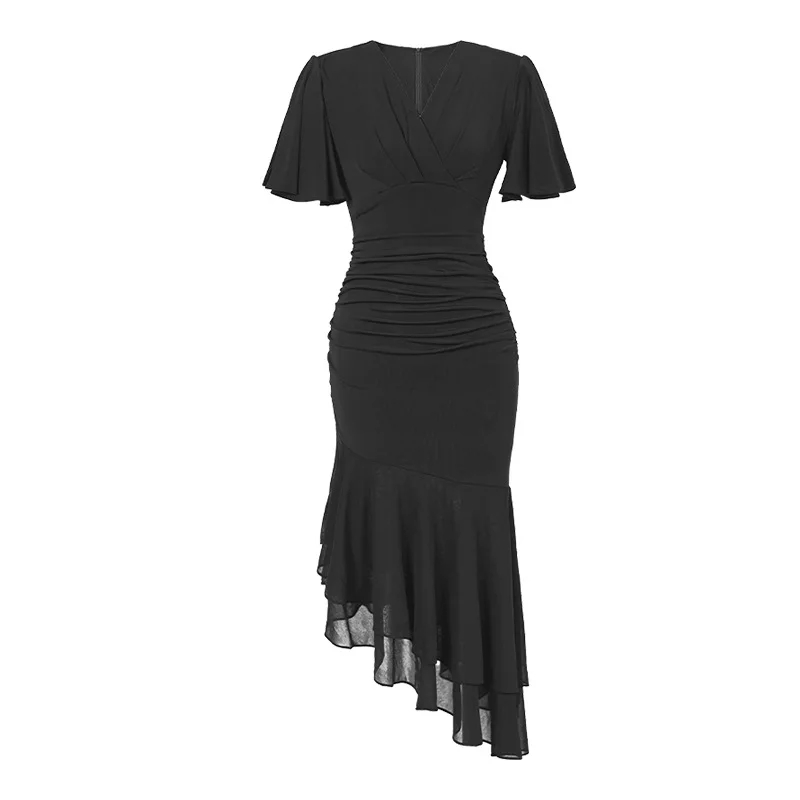 Basic Casual Women Dresses Casual Elegant Black Dress for Woman Short Sleeve High Waist Asymmetric Ruffles Robe Femme Holiday Beach Sundress Vestidos 2024
