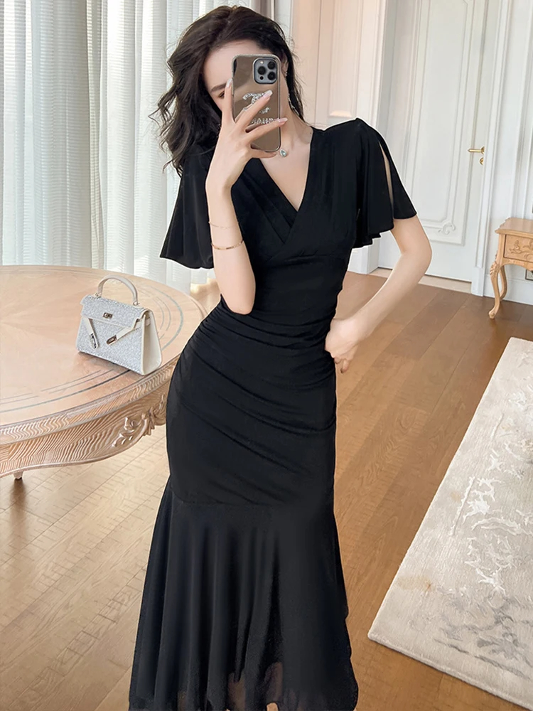 Basic Casual Women Dresses Casual Elegant Black Dress for Woman Short Sleeve High Waist Asymmetric Ruffles Robe Femme Holiday Beach Sundress Vestidos 2024