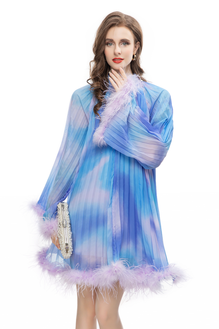 Women's Runway Dresses Stand Collar Long Sleeves Feathers Pleated Printed Loose Style Fashion Short Casual Vestidos