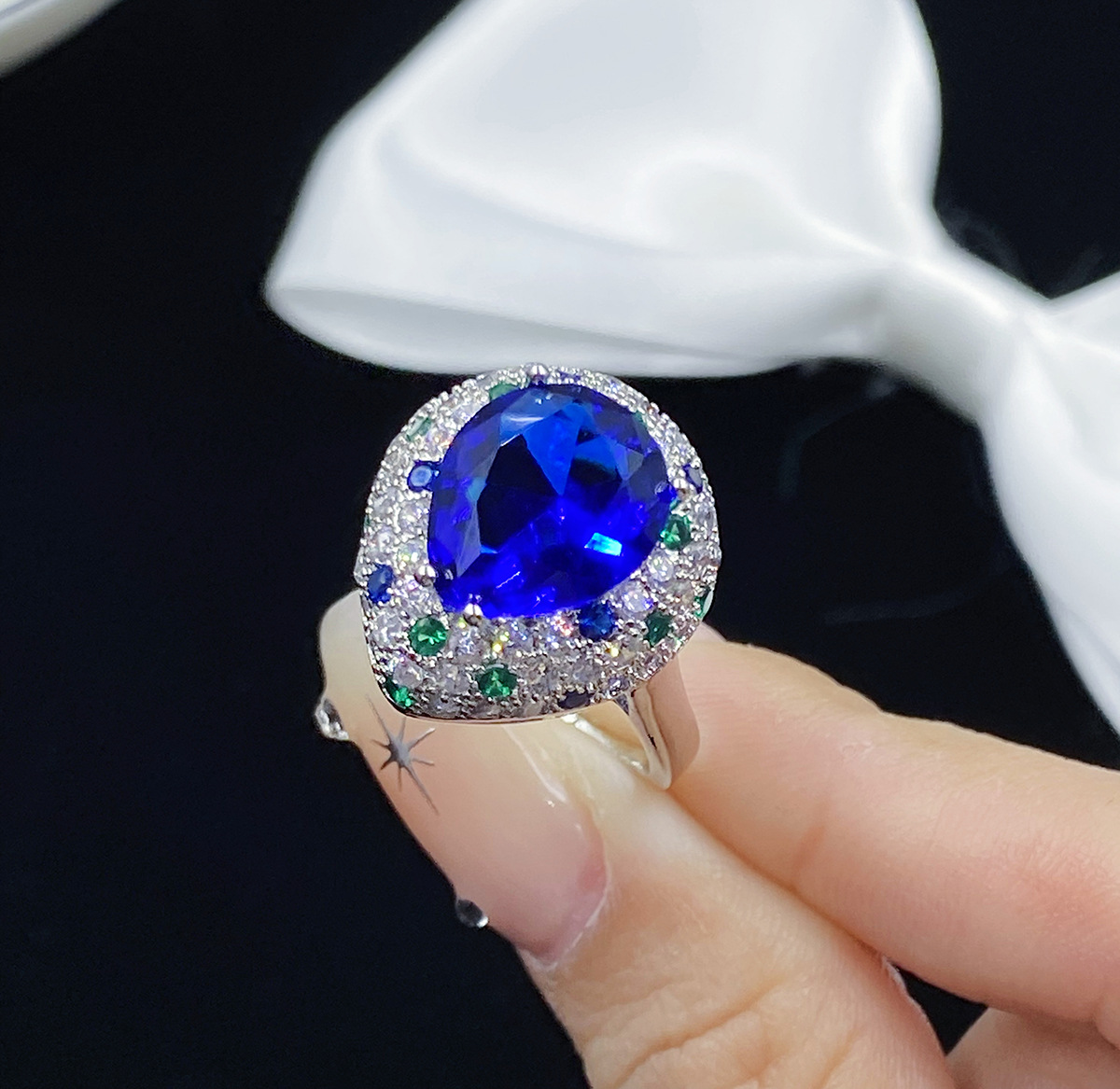 Женские ювелирные изделия, синий кристалл, форма капли воды, циркон, бриллиант, белое золото, кольцо, регулируемое открывающееся кольцо, подарок на день рождения для подруги, регулируемый
