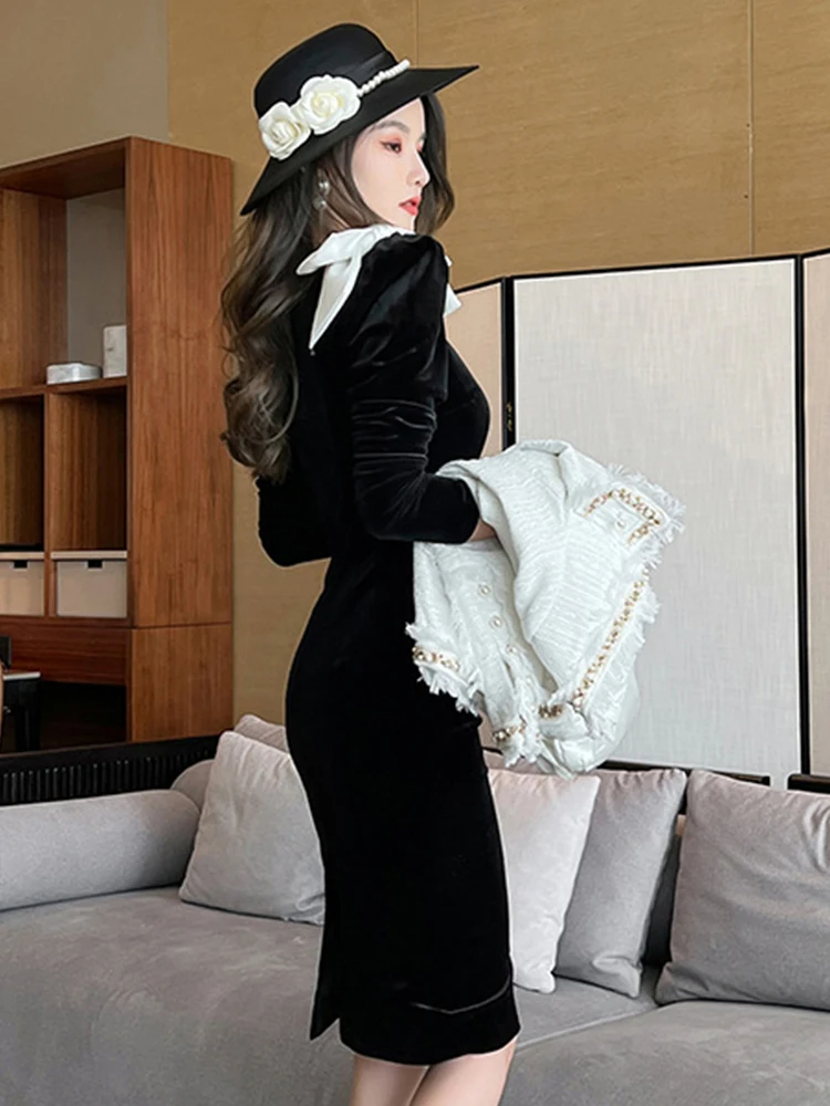 Basic Casual Women Dresses Spring Midi Dress Women French Elegant Retro Vintage Black Velvet Bubble Sleeve Bow Slit Robe Party Vestidos Skinny Clothes 2024