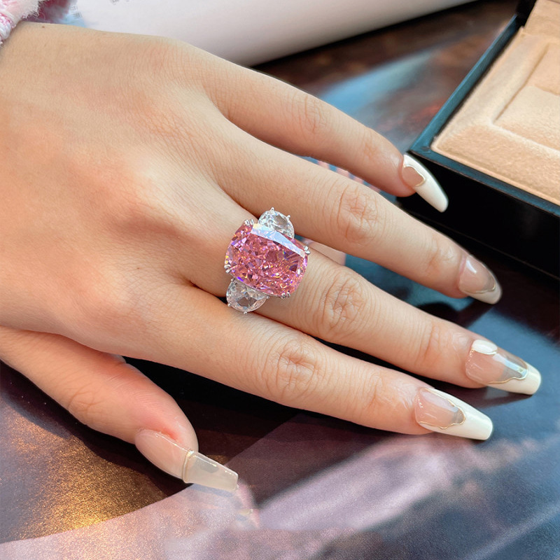 Fede nuziale dolce da donna Anello in cristallo rosa con zircone e diamante in oro bianco, regalo di compleanno fidanzata, regolabile