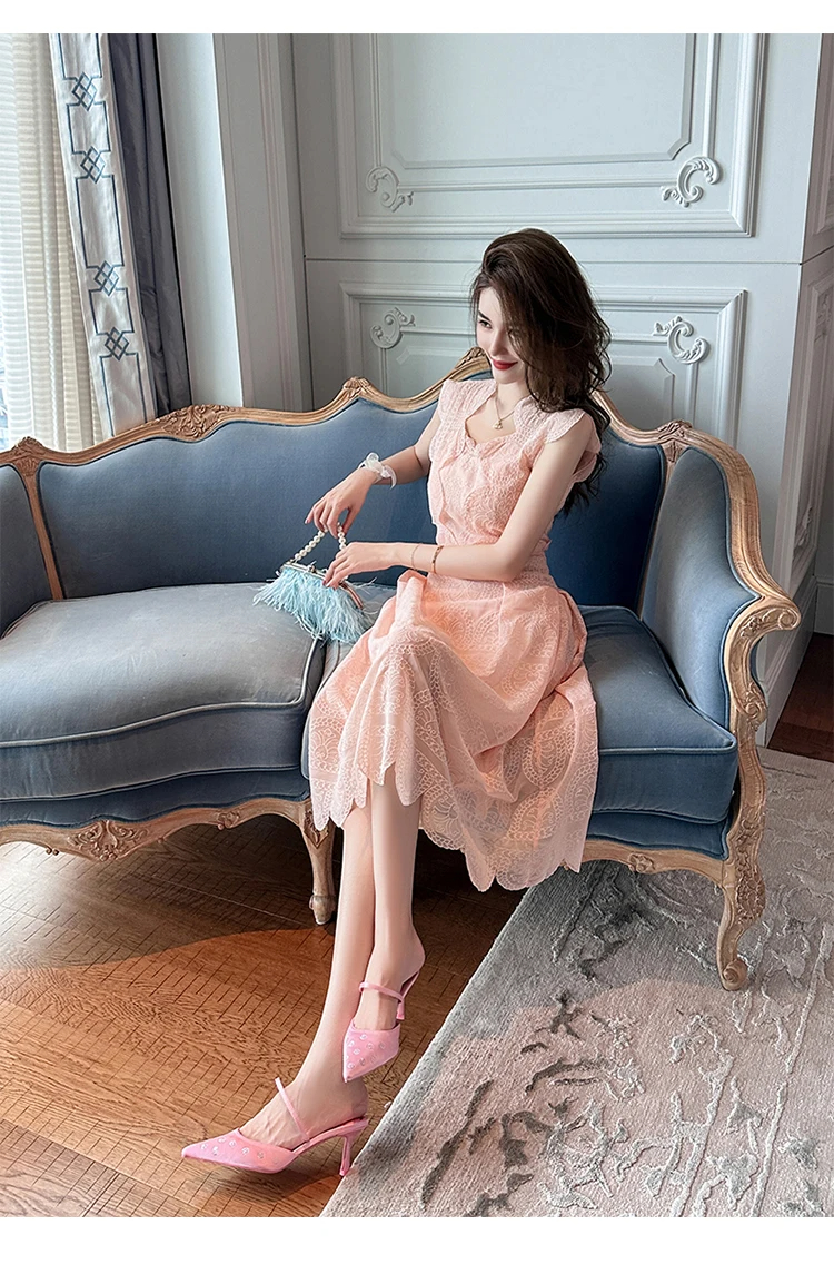 Basic Casual Women Dresses New Women's Sweet Gentle Lace Pink Dress for Women Waist A-line Maxi Robe Femme Party Sexy Vestidos Mujer Holiday Long Gown 2024