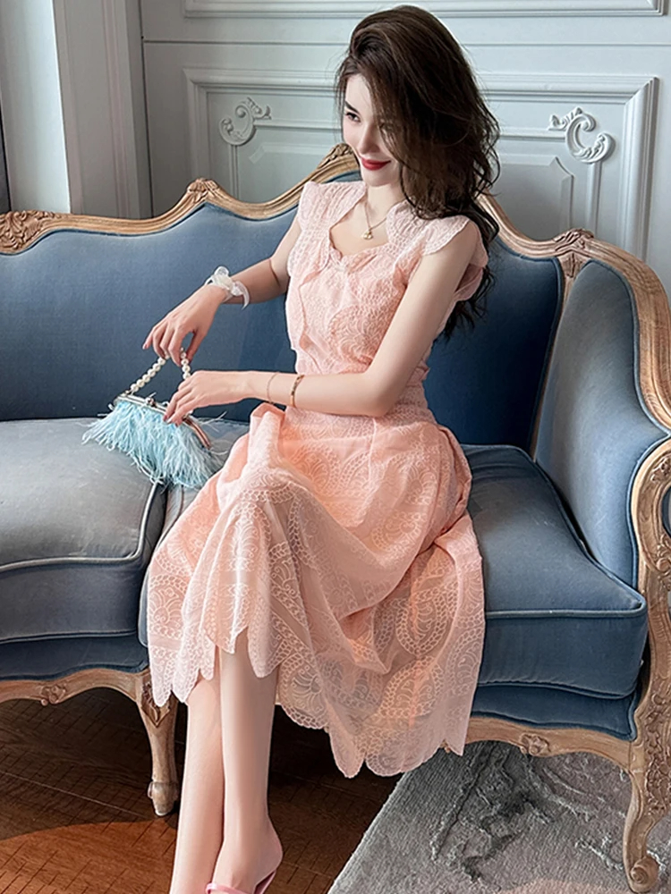 Basic Casual Women Dresses New Women's Sweet Gentle Lace Pink Dress for Women Waist A-line Maxi Robe Femme Party Sexy Vestidos Mujer Holiday Long Gown 2024