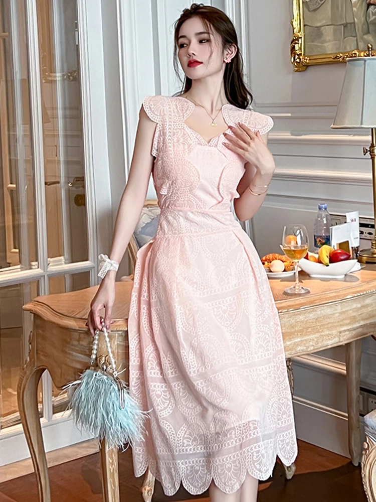 基本的なカジュアルの女性ドレス新しい女性の甘い穏やかなレースピンクドレス