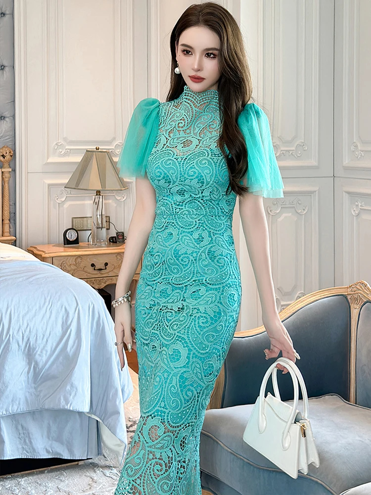 Basic Casual Women Dresses Elegant Summer Dress Women Retro Midi Dresses Sheer Lace Embroidery Mesh Split Robe Lady Prom Party Vestidos Banquet Gown 2024