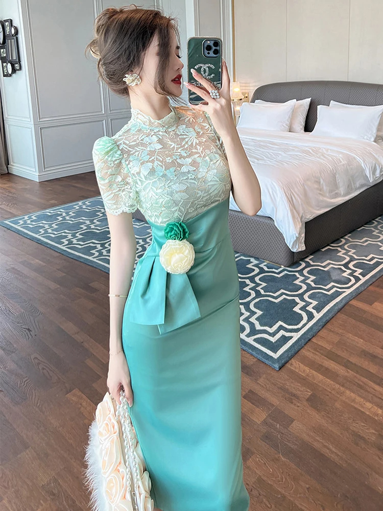 Basic Casual Women Dresses High Quality Host Banquet Dress for Women Beautiful Flower Sheer Lace Spliced Fake Robe Birthday Date Party Vestido 2024