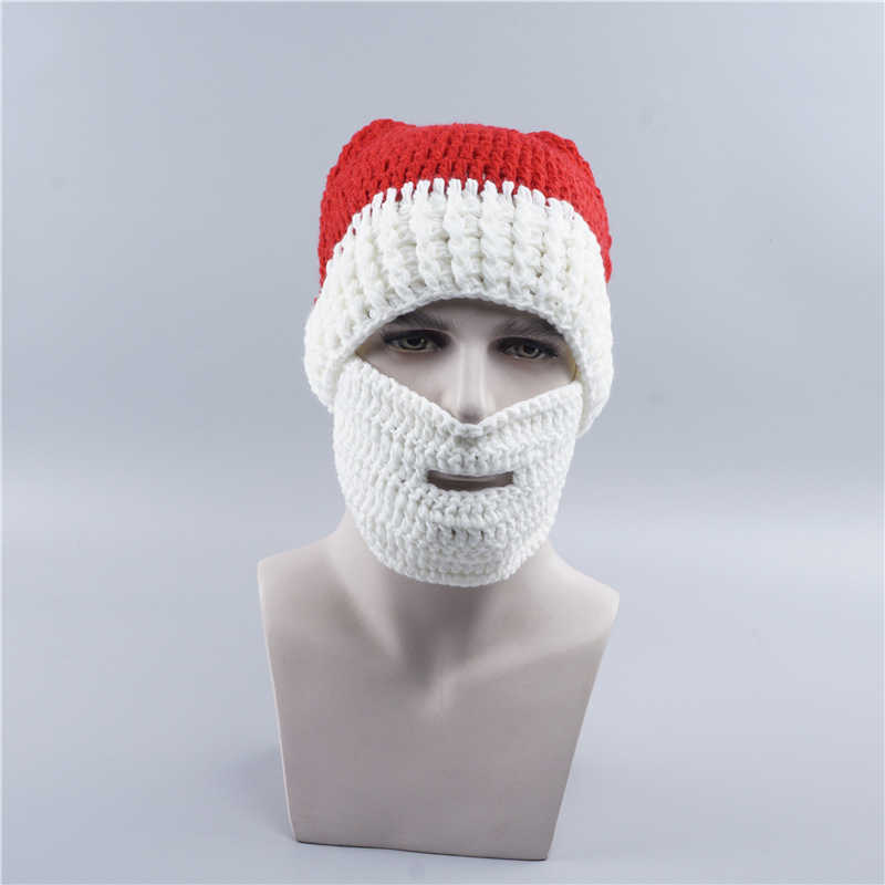 New Santa Claus Hat Autumn and Winter Men's Handmade Knitted Hat Removable Beard Warm Woolen Hat