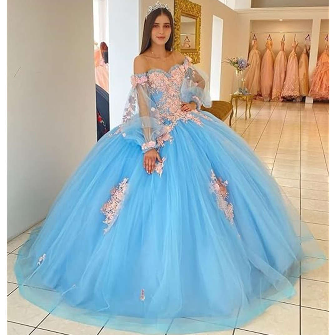 Бальное платье принцессы с открытыми плечами Небесно-голубое платье Quinceanera Платье с бисером на день рождения Vestidos De Novia Аппликации Выпускное платье на шнуровке сзади Vestid